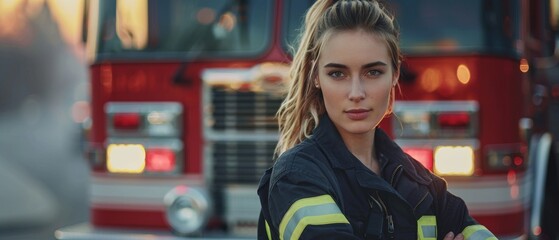 Confident Female Firefighter, Powerful Image for Recruitment Campaigns. Firefighter in Uniform Standing in Front of Fire Engine.