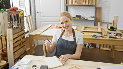 A smiling blonde woman in a workshop taking notes, surrounded by carpentry tools, embodying craftsmanship and creativity.