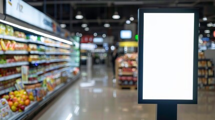 Supermarket advertising mockup template, blank signage display. Empty shelf signage, product display stand, or promotional banner.