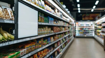 Supermarket advertising mockup template, blank signage display. Empty shelf signage, product display stand, or promotional banner.