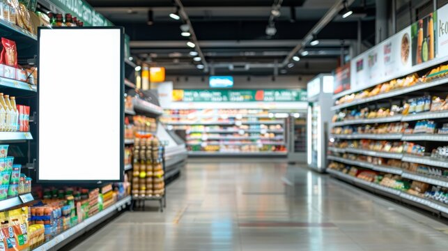 Supermarket advertising mockup template, blank signage display. Empty shelf signage, product display stand, or promotional banner.