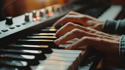 Obraz premium Close-Up of a Musical Instrument: Depict a close-up of hands playing a musical instrument, such as a guitar or piano, with a soft focus background.