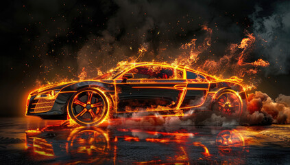 Sports car in fire. Created with Ai