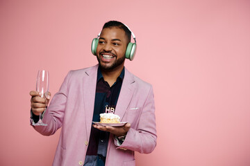 Young African American man in braces joyfully holds birthday cake while listening to music on headphones.