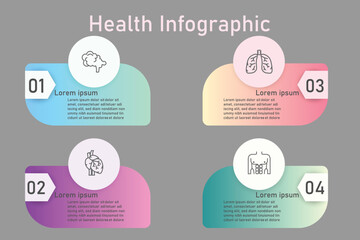 Infographic health care template for treatment and health care information presentation. Vector geometric with organ icons and examples sentences. Modern workflow diagrams. Report plan 5 topics