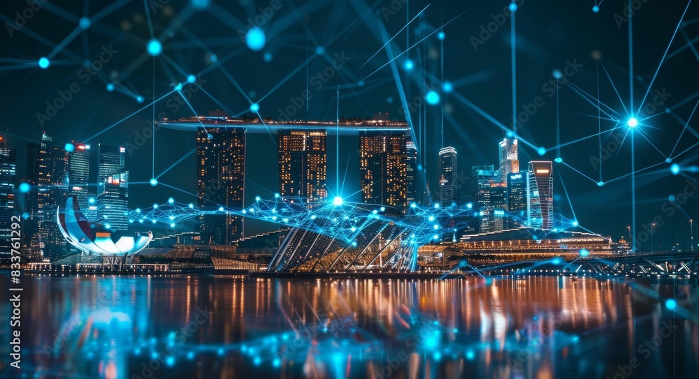 Poster dot point smart cities connected by gradient grid lines, connection technology concept with a night 
