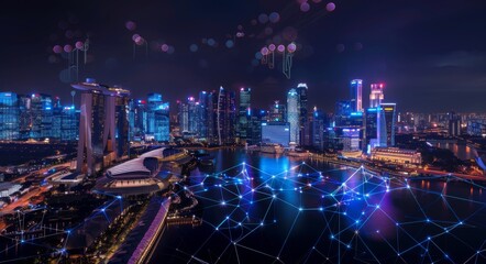 City banner with big data and smart city points connected by a gradient grid line. Concept of connecting technology metaverse for a city banner with night city dots.