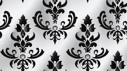 Seamless damask pattern in black and silver, bold and elegant, soft shadows, topdown