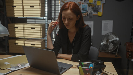 A focused redhead woman works diligently in a cluttered detective's office, surrounded by case...