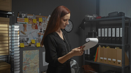 A focused redhead woman analyzes a document in a dimly lit detective office with an evidence board...