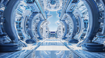 A futuristic power station designed to accommodate flying cars traveling through the sky.