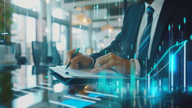 Businessman analyzing financial data in modern office with digital graphics overlay, representing finance, investment, and technology concepts.
