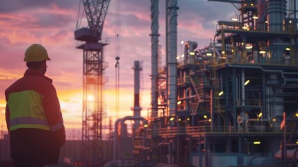 Obraz premium engineer in a hard hat standing on an industrial site and looking at the sunset.