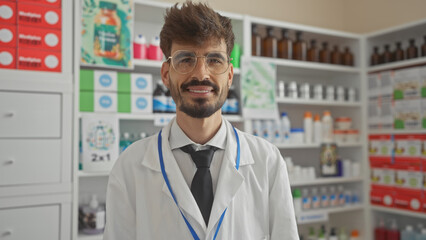 Smiling young hispanic male pharmacist standing confidently in a well-stocked pharmacy