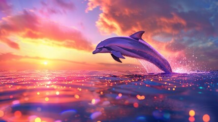 A dolphin performing a high leap in front of a colorful sunset, with the ocean sparkling below.
