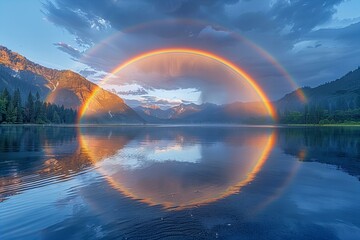 A double rainbow over a mirror-like lake in the california mountains at sunset, with dark storm clouds above. 