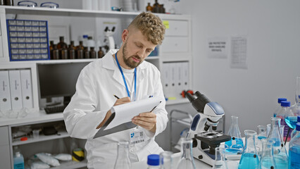 Caucasian male scientist with beard writing notes in a laboratory full of scientific equipment.