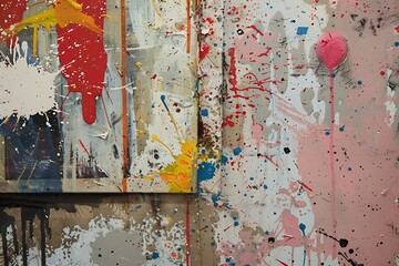 Worn-out canvas with paint splatters and drips.