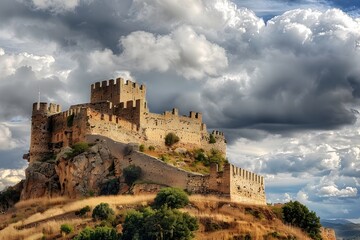 Obraz premium Historic Castle on a Hill with Dramatic Clouds
