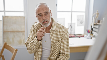 Thoughtful senior man with gray beard in art studio holding paintbrush contemplating creative...
