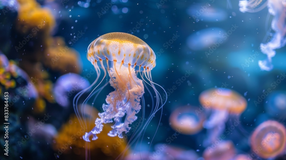 Wall mural A jellyfish floating gracefully in an aquarium, its movements captivating the visitors watching it.