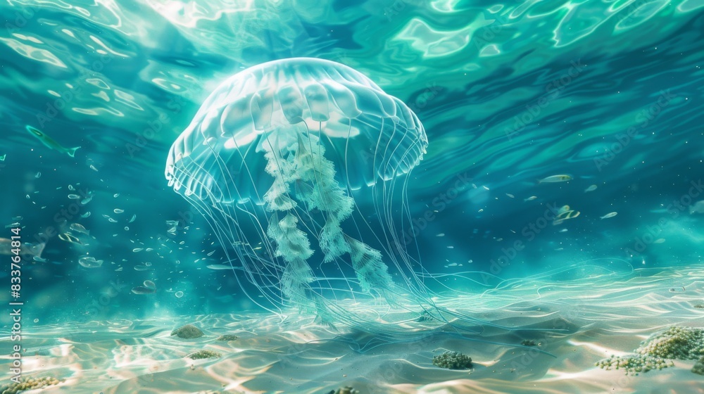 Poster a jellyfish floating near a sandy seabed, with tiny marine creatures moving around it.