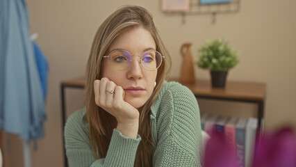 A contemplative young woman with glasses sits indoors in a cozy room, exuding a sense of calm and...