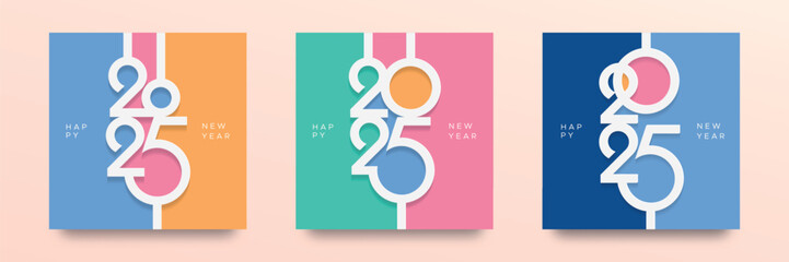 Set of 2025 new year square template with unique hanging number. Happy new year 2025 cover design concept