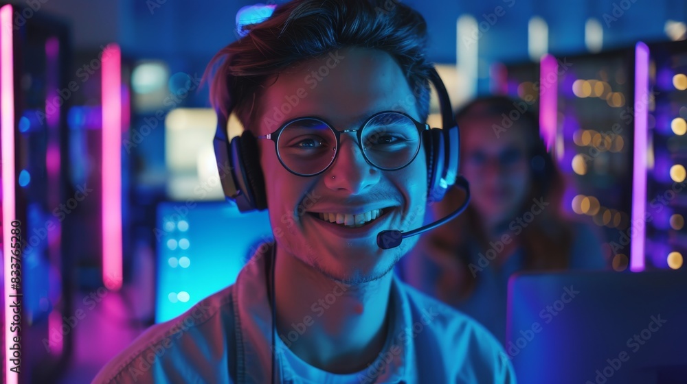 Poster in this helpline concept image, a serious caucasian male wears a headset. he sits in an office using