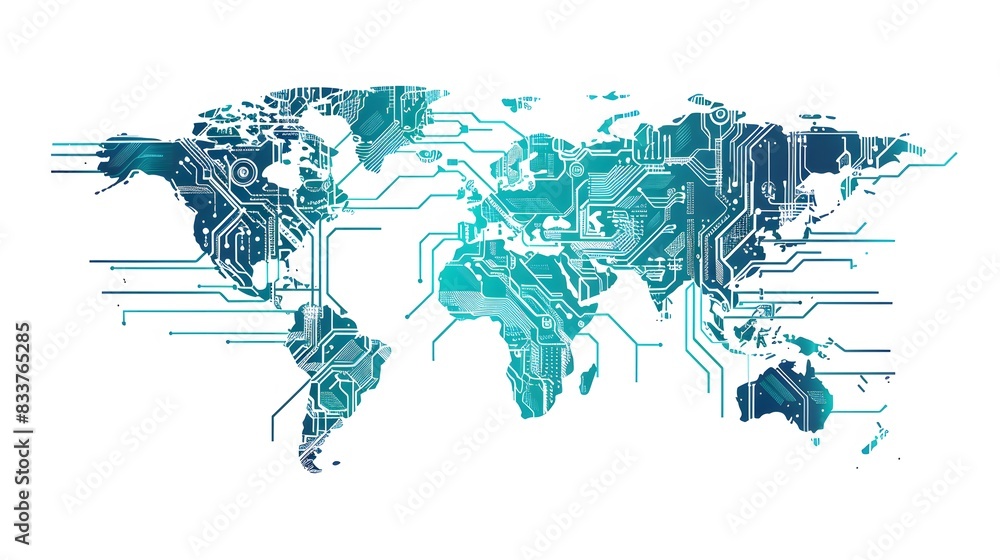 Wall mural illustration of a world map with artificial intelligence design on white background. generative ai