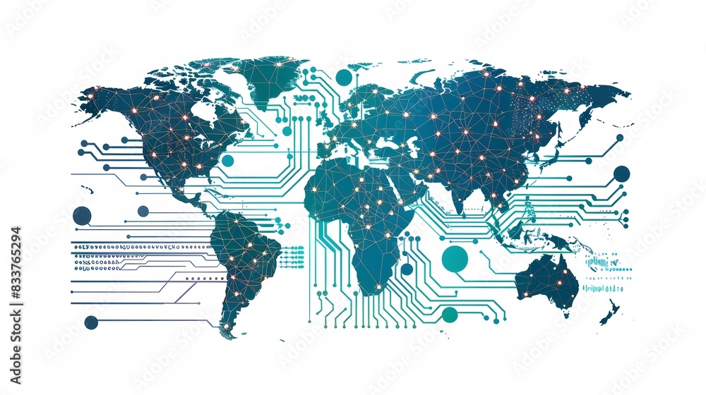 Wall mural illustration of a world map with artificial intelligence design on white background. generative ai