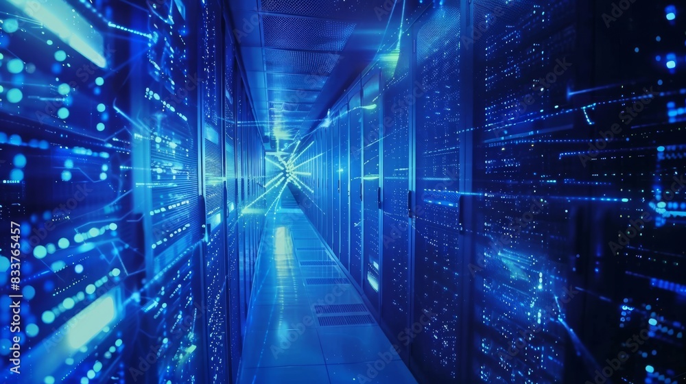 Poster data center corridor with rack servers and supercomputers, with skull icons showing the danger level
