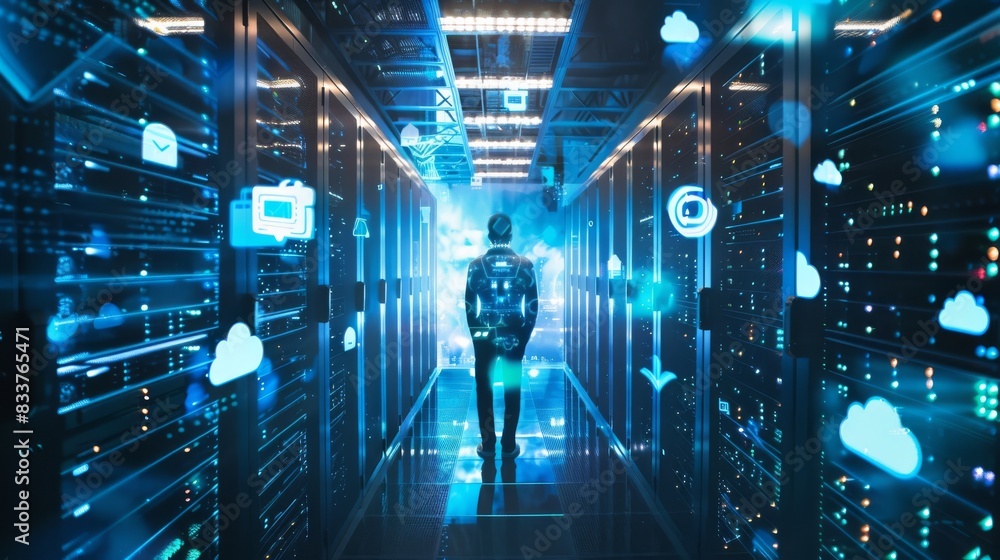 Poster cloud and internet icon visualisation in the foreground. curiosity it engineer standing in the middl