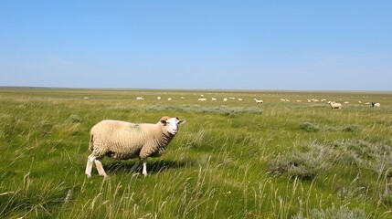 Fototapeta premium image capturing the beauty of a grassland landscape under a clear blue sky with grazing sheep