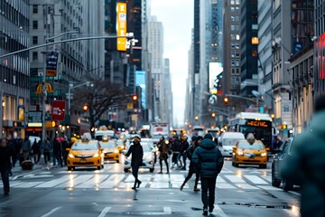 Obraz premium Bustling City Street People Walking and Traffic Moving