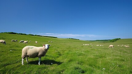 Create an aesthetic mid-journey image capturing the beauty of a grassland landscape under a clear blue sky with grazing sheep