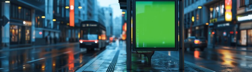 Fototapeta premium Bus Shelter Ad Mockup Focus on a bus shelter ad with a green screen with a city street background, empty space center for text