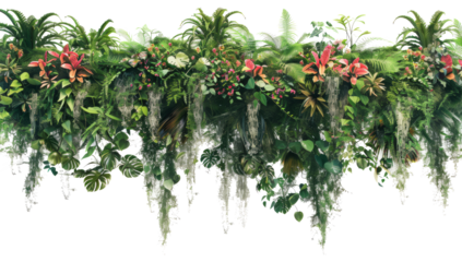 A lush jungle scene featuring a large, ancient tree with hanging vines and a variety of tropical flowers