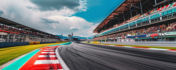 Motorsport racetrack with grandstands and blue sky.