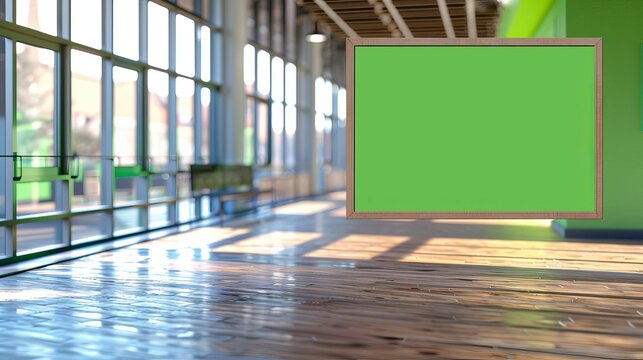 Community Center Ad Mockup Focus on a community center banner with a green screen with a community center background, empty space right for text