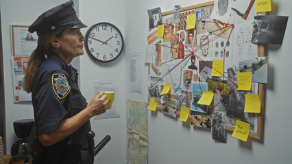 A middle-aged female police officer holding a coffee cup analyzing a wall of evidence in an...