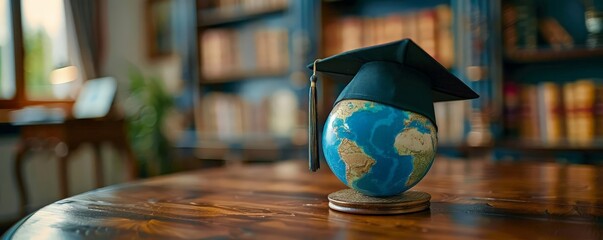 Graduation hat placed on a spinning earth globe, highlighting global learning and achievement