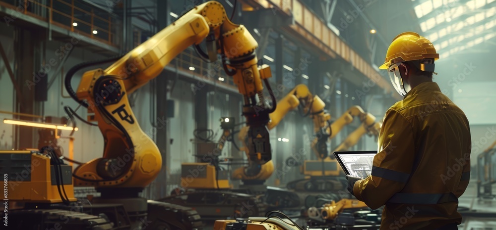 Poster welding robotics and digital manufacturing operation using tablet to control the automation robot ar