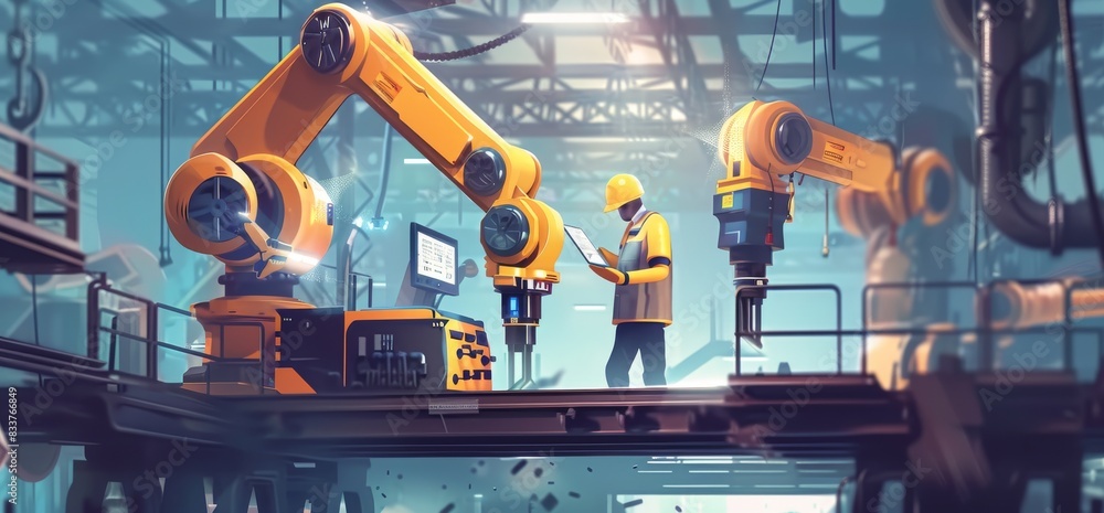 Poster robotics and digital manufacturing operation using tablet to check and control automation robot arms