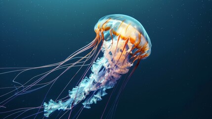 A mesmerizing jellyfish gliding through the deep blue ocean, its tentacles trailing gracefully behind.