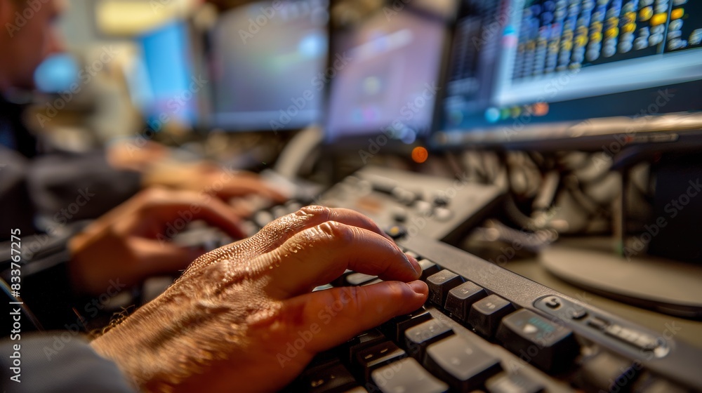 Poster stunning close-up of a modern technological monitoring control room with digital screens. manager ty