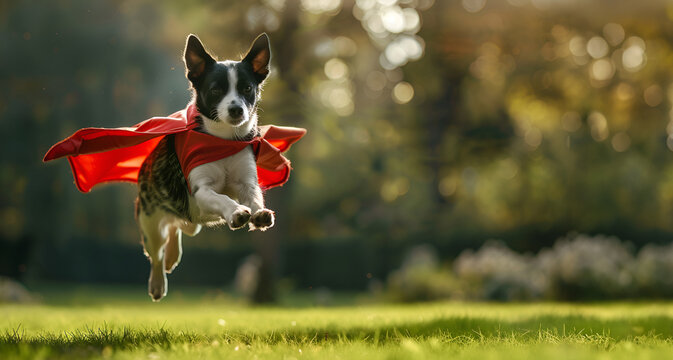 A dog in a red superhero cape soaring above the ground in a park