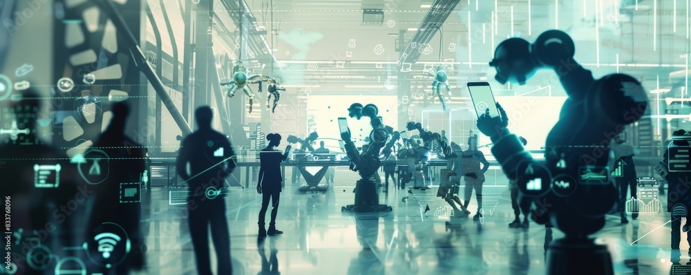 Aufkleber in an industrial factory, industrial engineer working with automation robot arms machines on real-ti