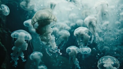 Obraz premium A school of jellyfish moving in unison, their translucent bodies creating a mesmerizing pattern in the water.