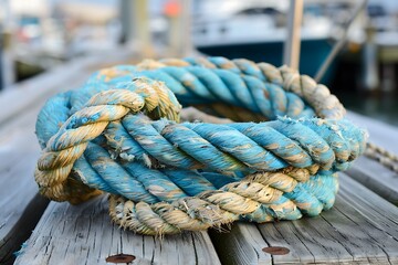 Worn-out, nautical rope coiled on a wooden dock.